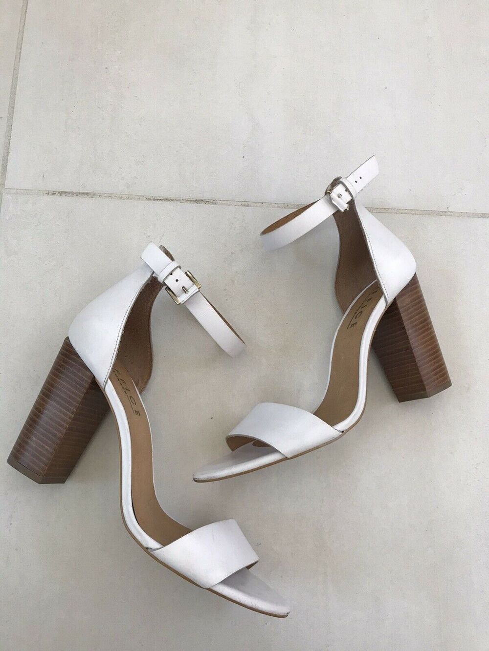 Office London White Leather Ankle Buckle Heels Sandals FLAW
